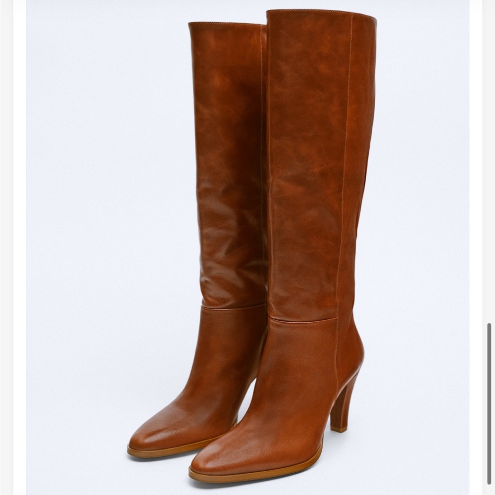 Zara Tall Heeled Leather Boots in Cognac Brown